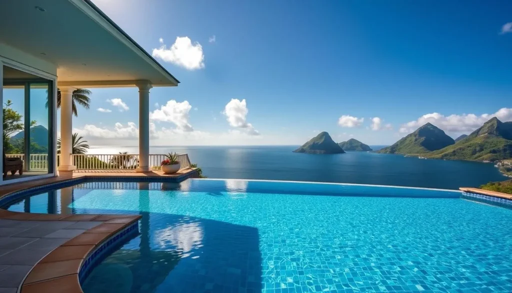 Image of a private villa in Marigot Bay, St. Lucia, with a pool and stunning views of the bay.