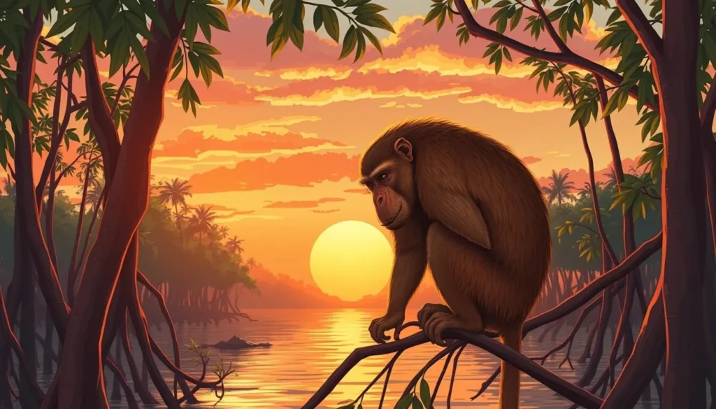 Image of a proboscis monkey in Brunei's mangrove forest at sunset