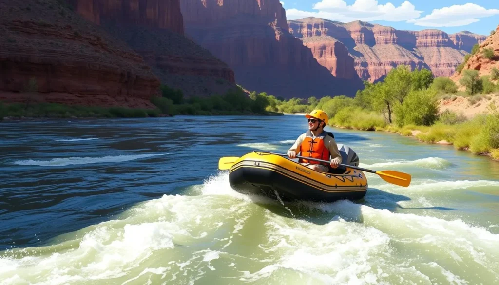 Image of a raft navigating through the calm and rapid sections of the Colorado River