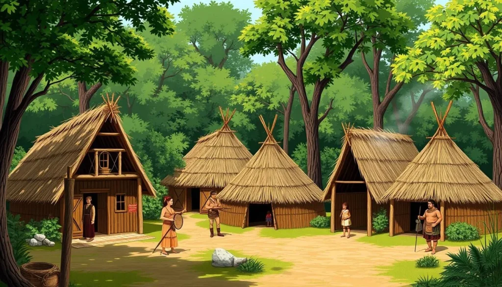 Image of a recreated Powhatan Indian Village with reed-covered houses and costumed interpreters