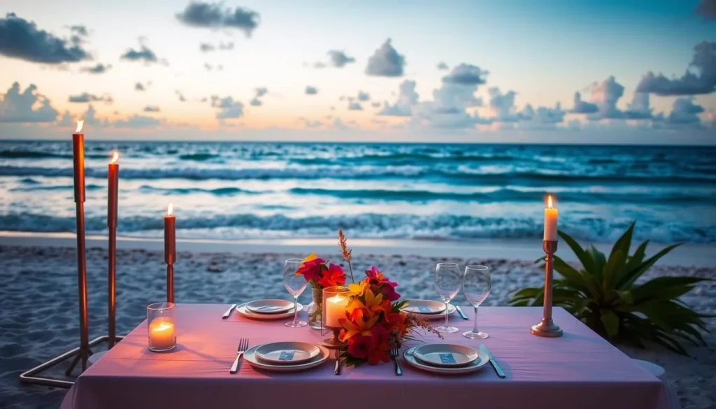 Image of a romantic beach dinner setup on Grace Bay with tiki torches and flowers.