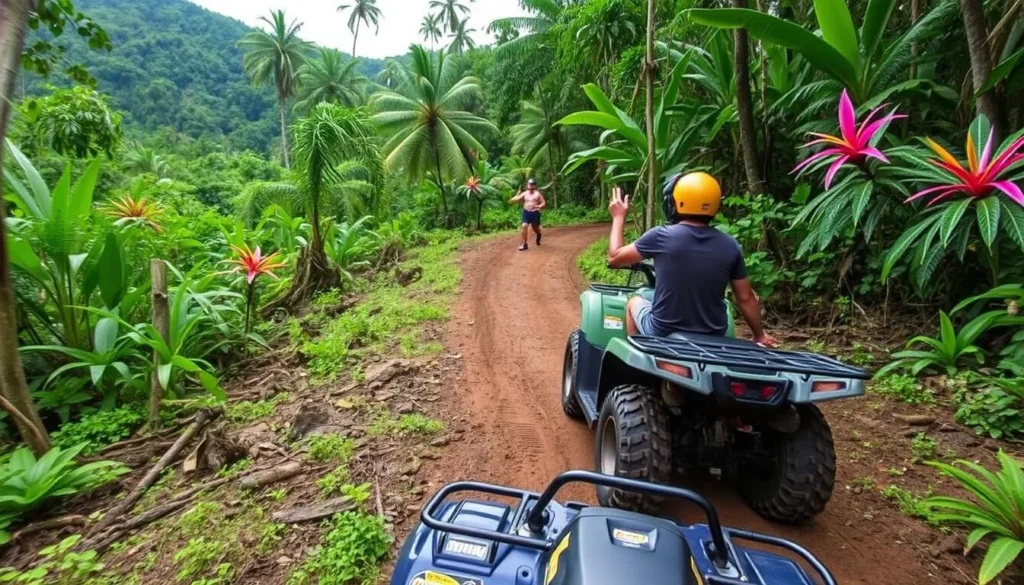 Image of a rugged, open-air quad bike navigating through a jungle path near Port Vila