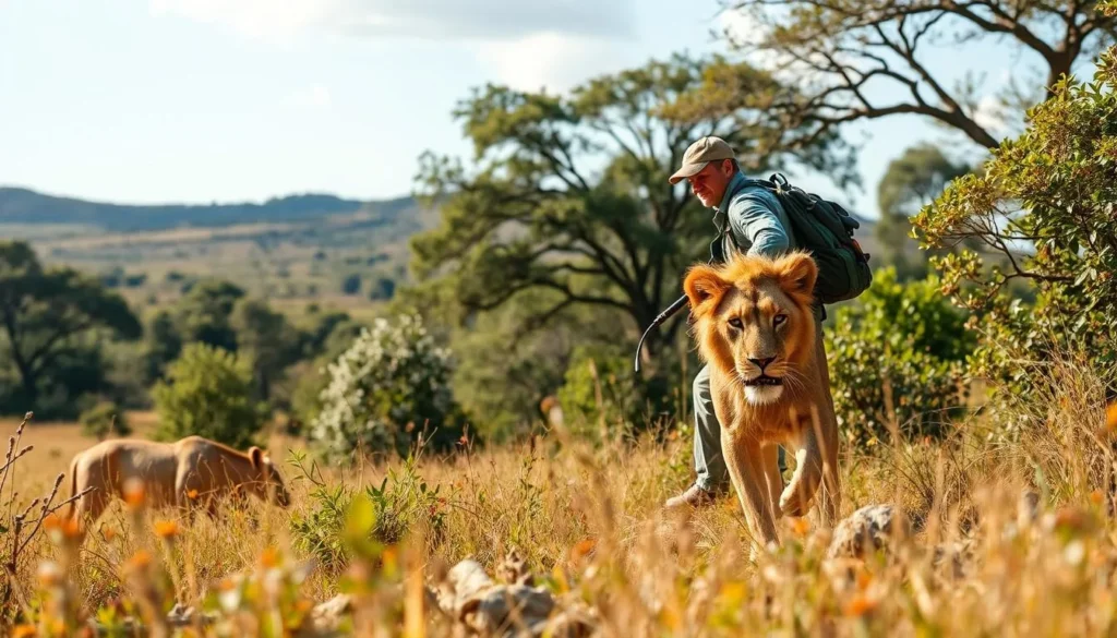 Image of a safari guide tracking lions in Moremi Game Reserve