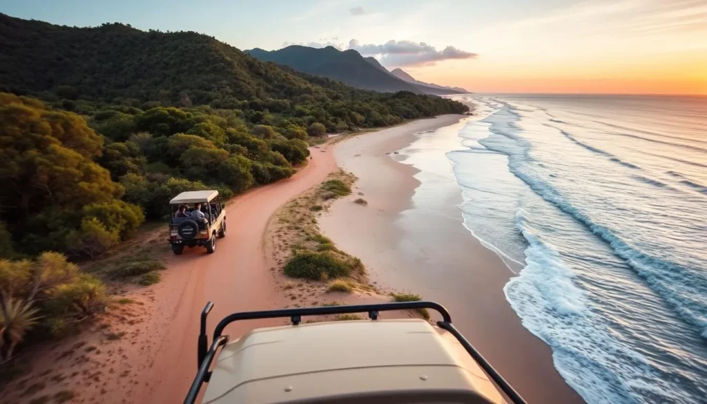 Image of a safari vehicle in the Kruger National Park with a Mozambican beach scene in the background