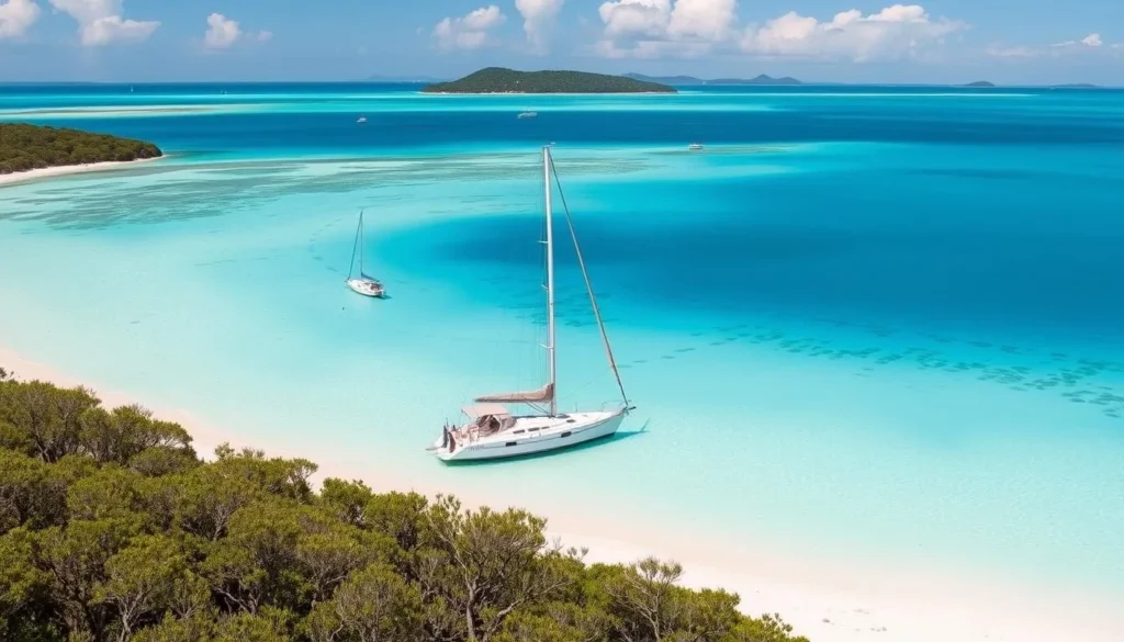 Image of a sailboat anchored near Whitehaven Beach in the Whitsundays