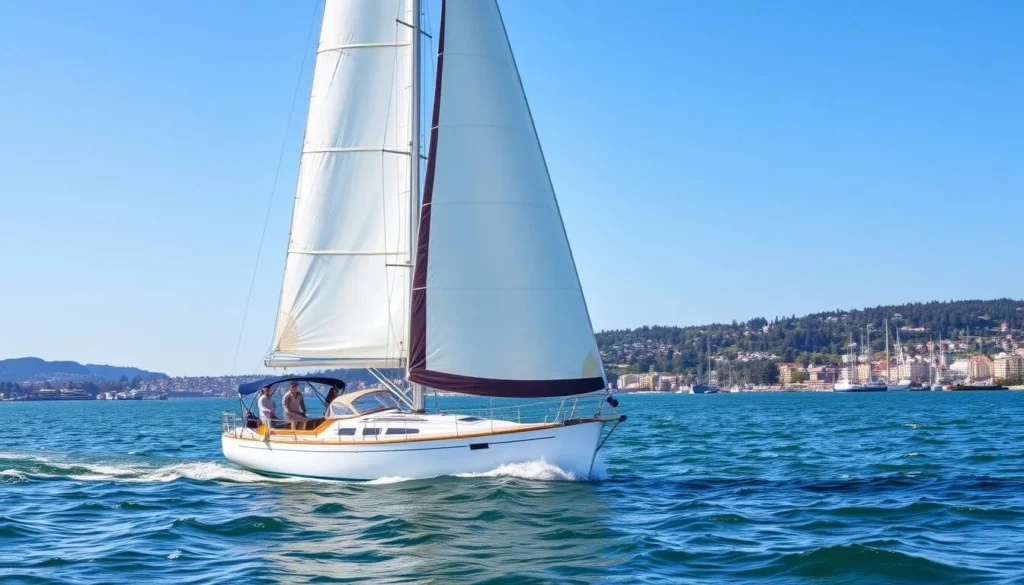 Image of a sailboat navigating through Puget Sound with Olympia's waterfront in the background