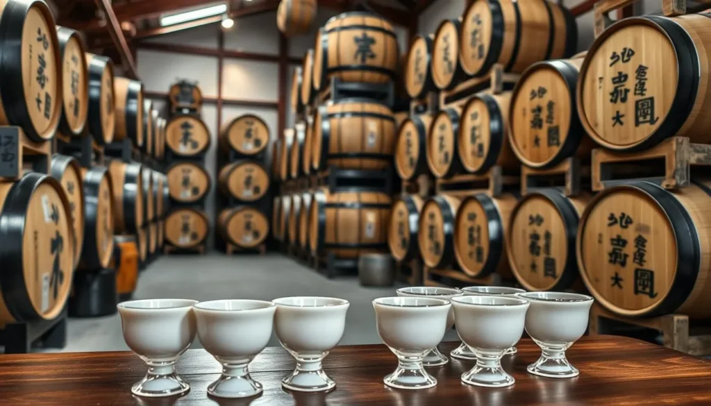 Image of a sake brewery in Saijo with sake barrels and tasting cups