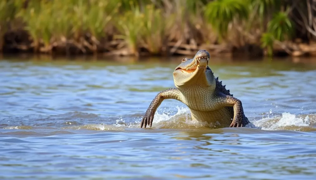Image of a saltwater crocodile jumping out of the water during a jumping crocodile cruise