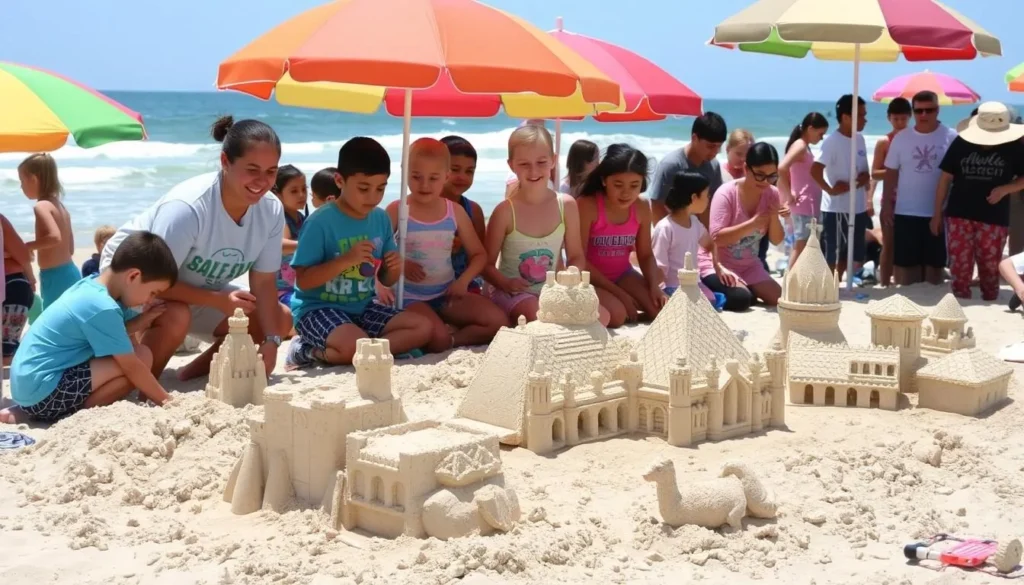 Image of a sandcastle building class in progress on South Padre Island