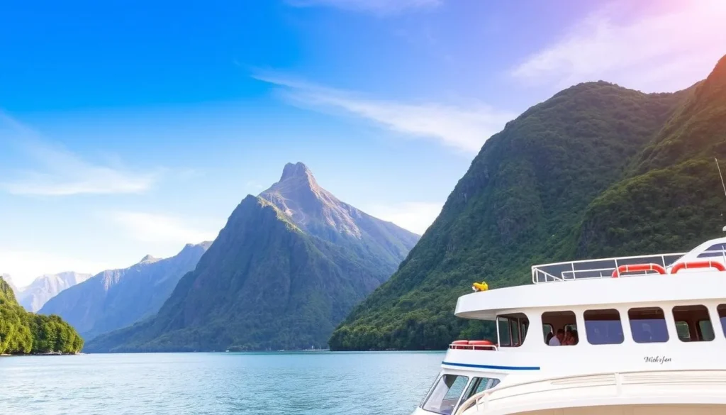 Image of a scenic cruise in Milford Sound, New Zealand, with Mitre Peak in the background