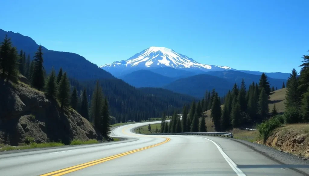 Image of a scenic drive through the Cascade Mountains with Mount Rainier in the background