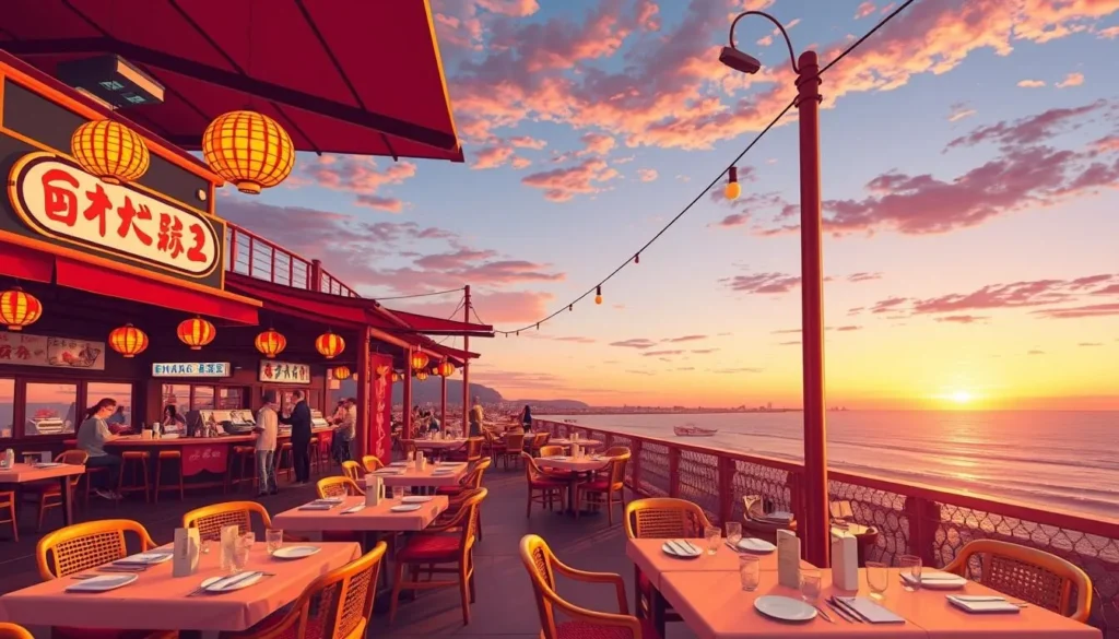 Image of a seafood restaurant in Dalian with a view of the sea