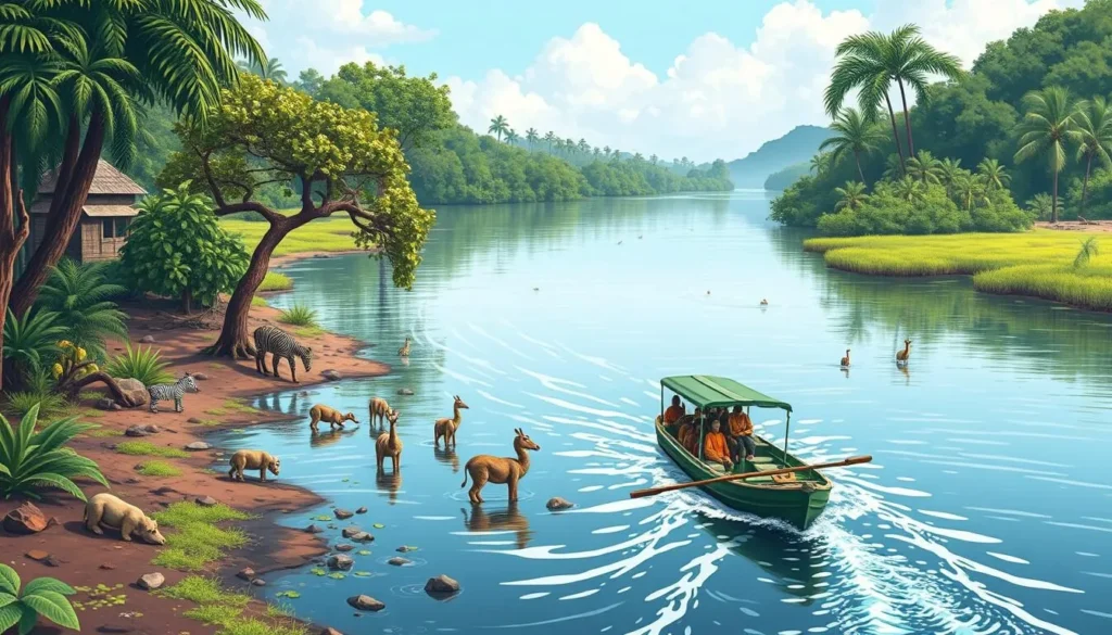 Image of a serene Congo River cruise with locals and wildlife along the banks