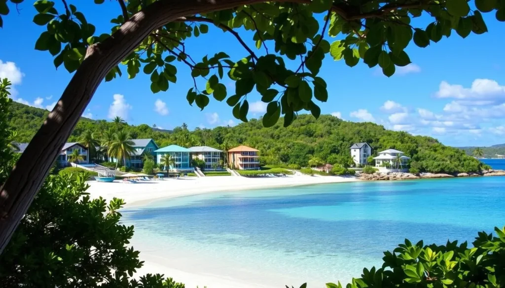 Image of a serene Grand Anse Beach with various accommodation options in the background