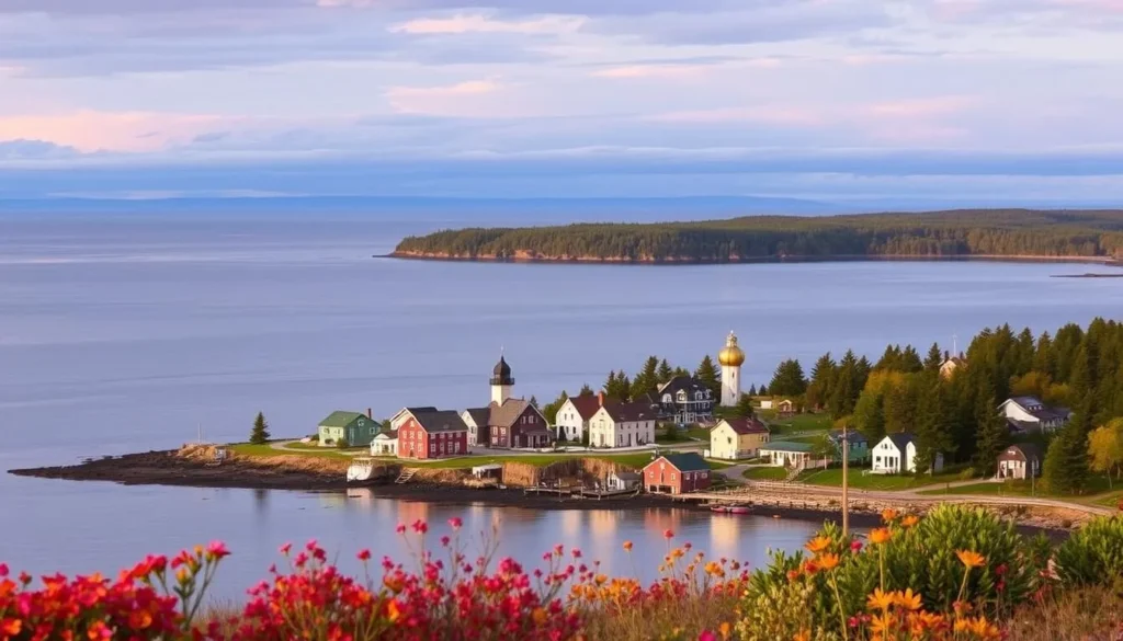 Image of a serene Lake Superior shoreline with the villages of Port Wing, Cornucopia, or Herbster in the foreground.
