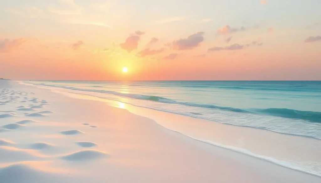 Image of a serene South Padre Island beach at sunrise with soft white sand and clear Gulf waters.