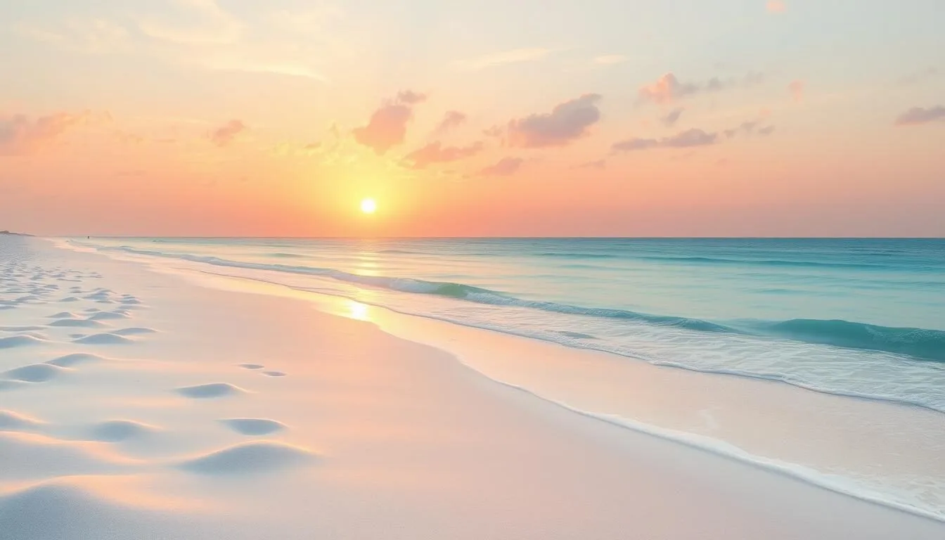 Image of a serene South Padre Island beach at sunrise with soft white sand and clear Gulf waters.