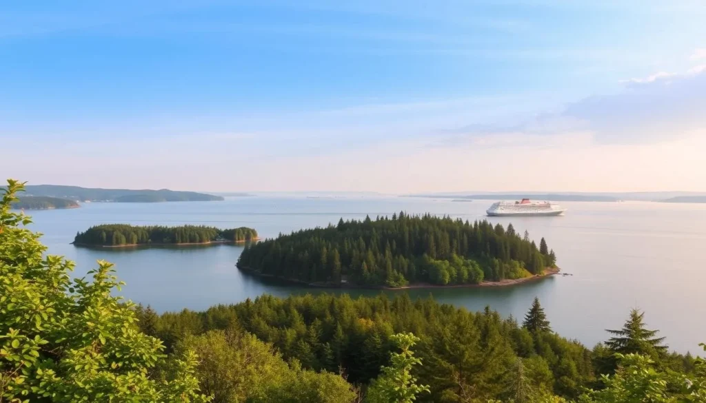 Image of a serene Washington island landscape with a ferry in the background