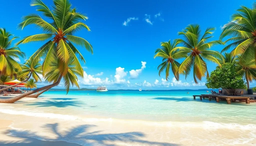 Image of a serene beach in Iloilo City with clear waters and palm trees.