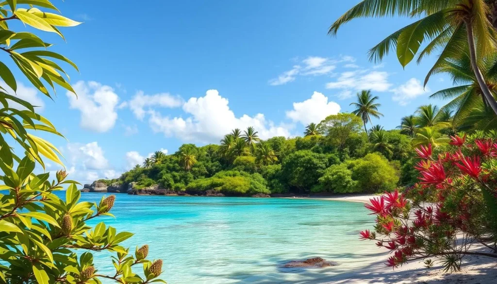 Image of a serene beach in the Northern Mariana Islands with crystal-clear waters and lush greenery.