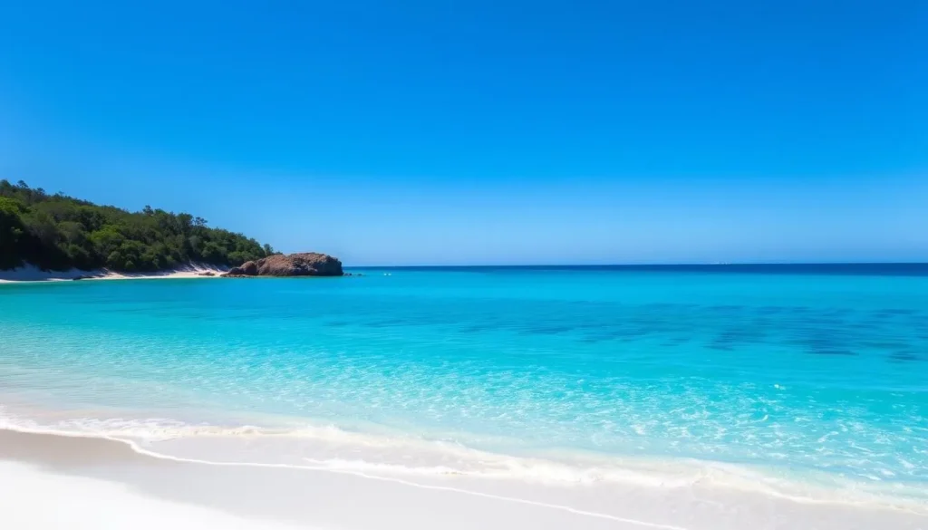 Image of a serene beach on Fraser Island's west coast with crystal-clear turquoise waters and white sandy beaches.