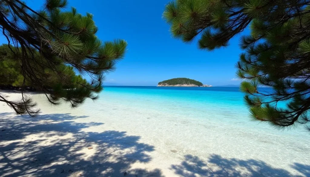Image of a serene beach on Moni Islet with crystal-clear turquoise waters and a backdrop of pine trees.