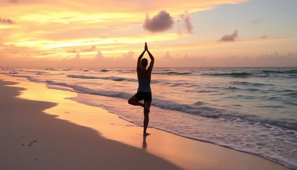 Image of a serene beach yoga session at sunrise in Aruba