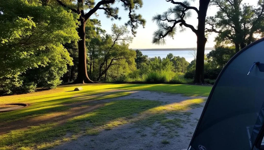 Image of a serene campsite at Fontainebleau State Park overlooking Lake Pontchartrain