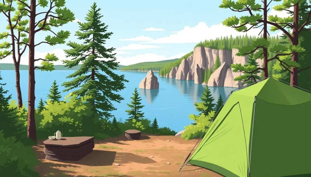 Image of a serene campsite near Pictured Rocks with a scenic lake view