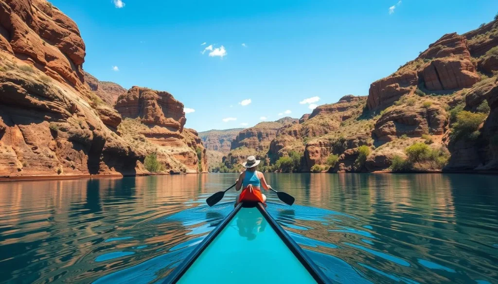 Image of a serene canoeing scene through Nitmiluk's gorges during the dry season
