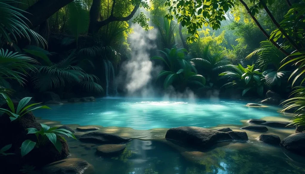 Image of a serene hot spring surrounded by lush rainforest
