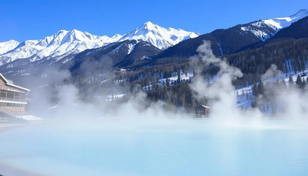 Image of a serene hot spring surrounded by snow-covered mountains