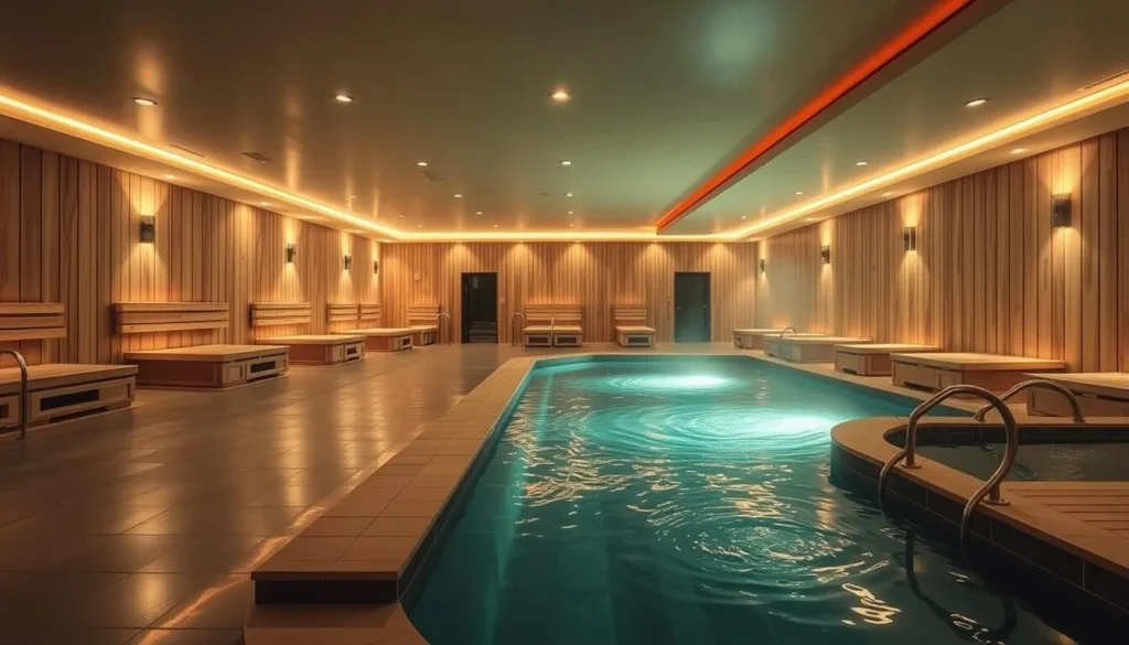 Image of a serene jimjilbang with various sauna rooms and pools