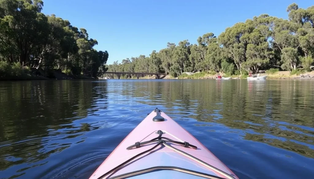 Image of a serene kayaking scene on the Murrumbidgee River with river red gums along the banks.