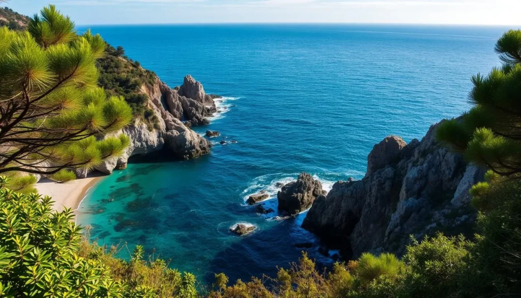 Image of a serene ocean cove surrounded by lush greenery and rugged coastline