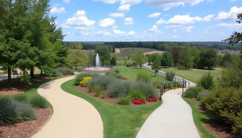 Image of a serene park in Macon, Georgia, with walking trails and lush greenery