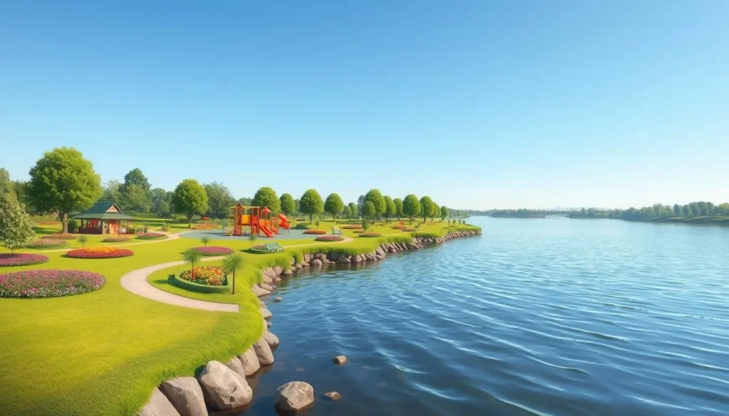 Image of a serene riverside park with landscaped gardens and a playground
