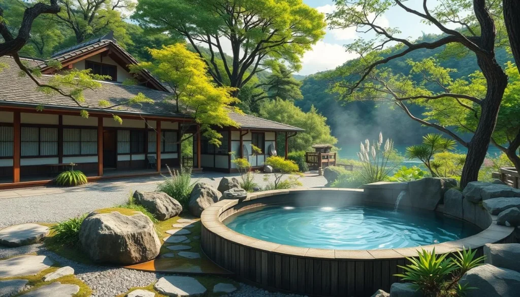 Image of a serene ryokan in Izu Peninsula with a hot spring