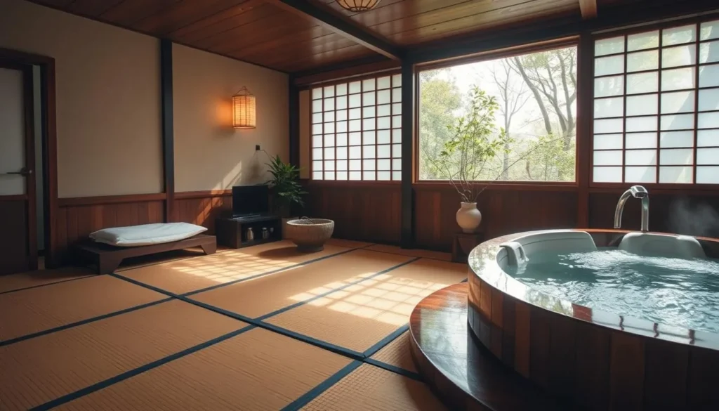 Image of a serene ryokan with tatami mat floors and onsen bath