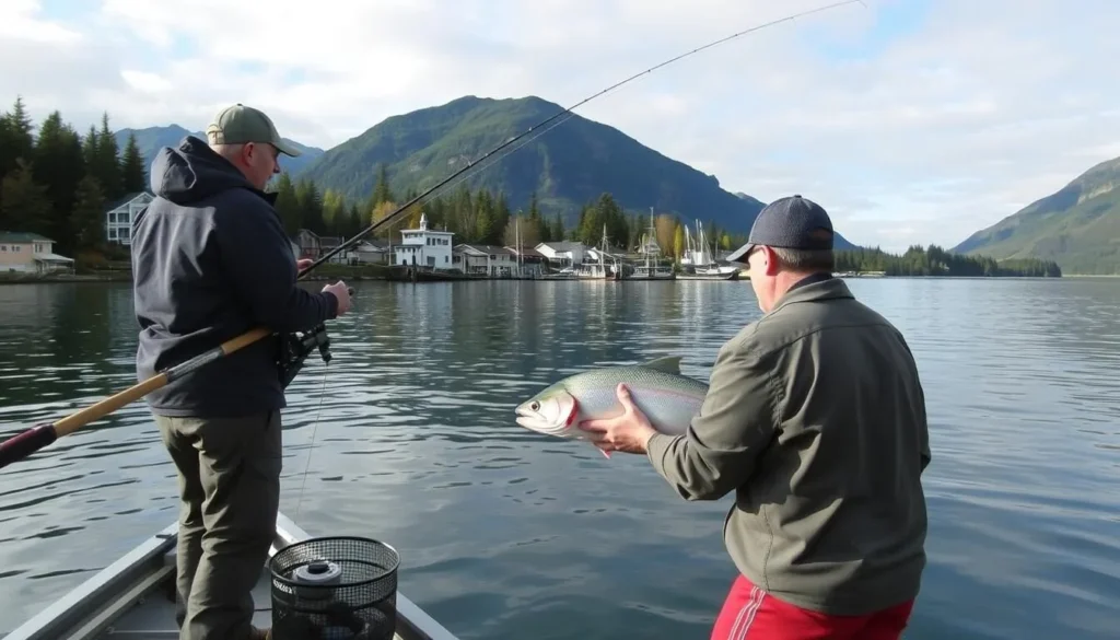Image of a serene salmon fishing scene in Juneau, Alaska