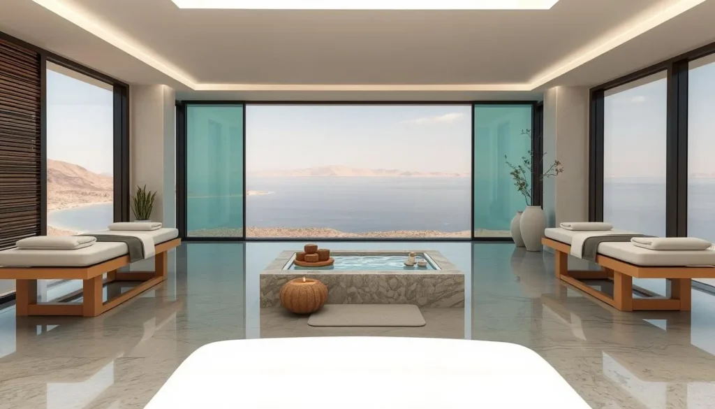 Image of a serene spa setting overlooking the Dead Sea