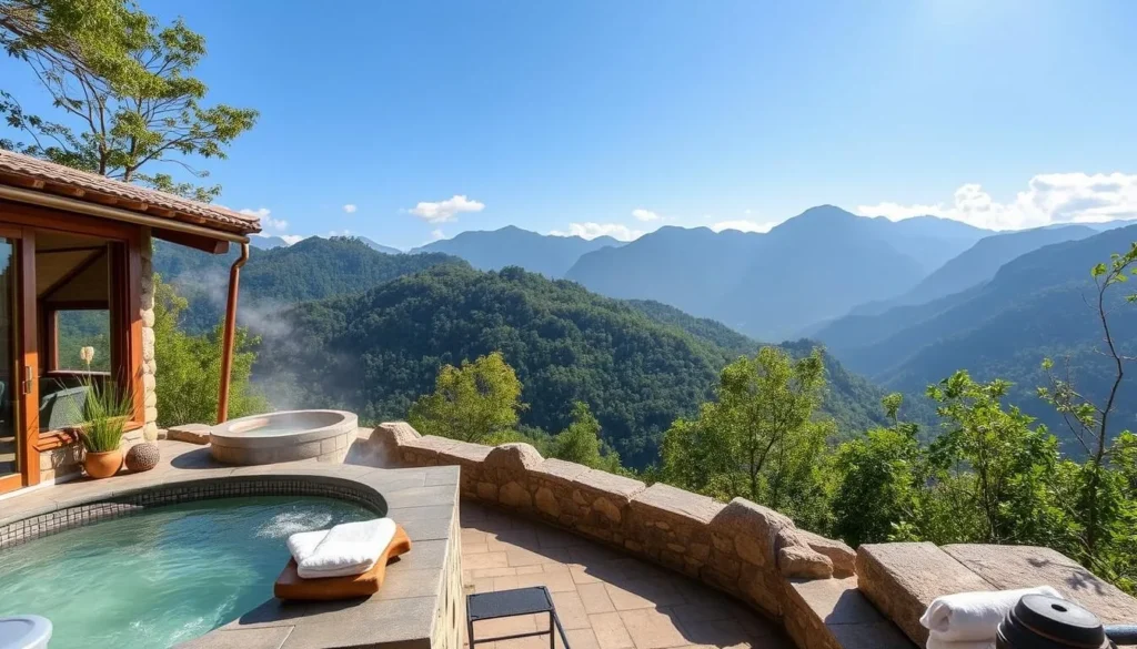Image of a serene spa setting with a mountain view Image of a serene spa setting with a mountain view