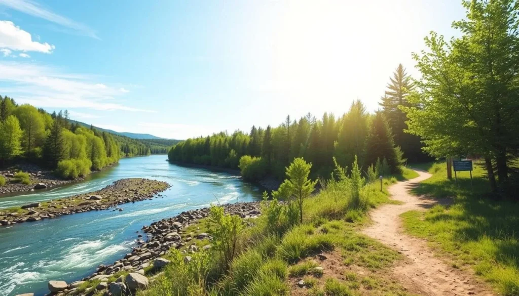 Image of a serene trail along the White River with lush greenery and a clear sky.
