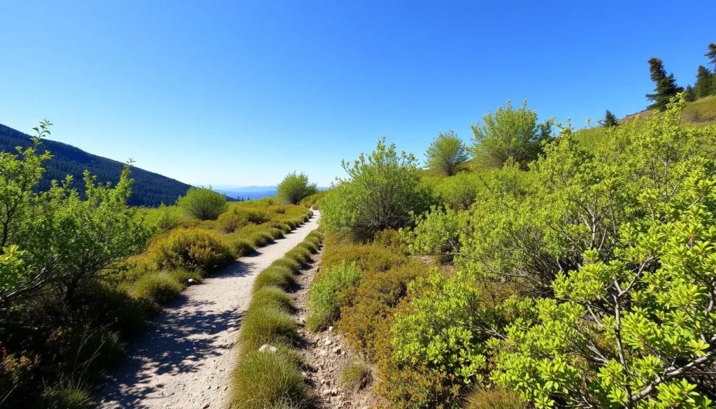 Image of a serene trail with lush greenery and a clear sky