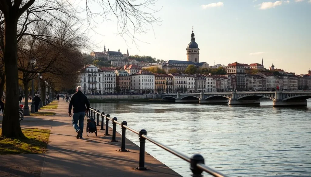 Image of a serene walk along the Saône River with Vieux Lyon in the background