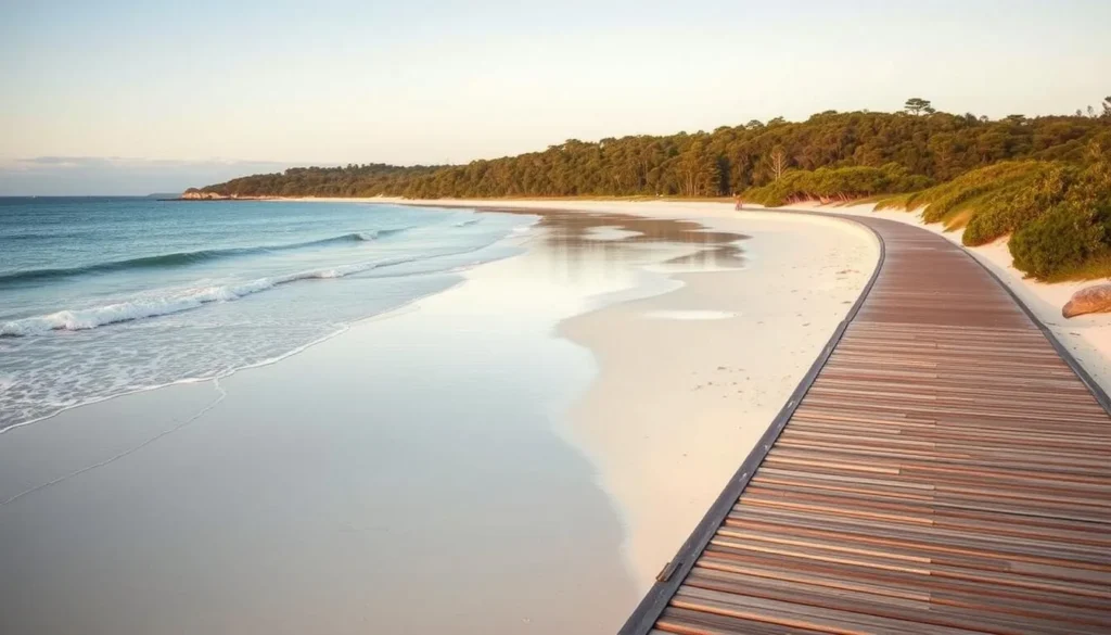Image of a serene walkway along the pristine white sands of Jervis Bay