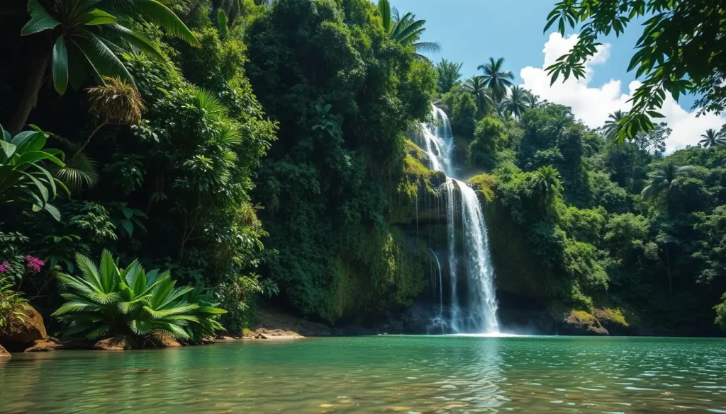 Image of a serene waterfall in Belize surrounded by lush greenery