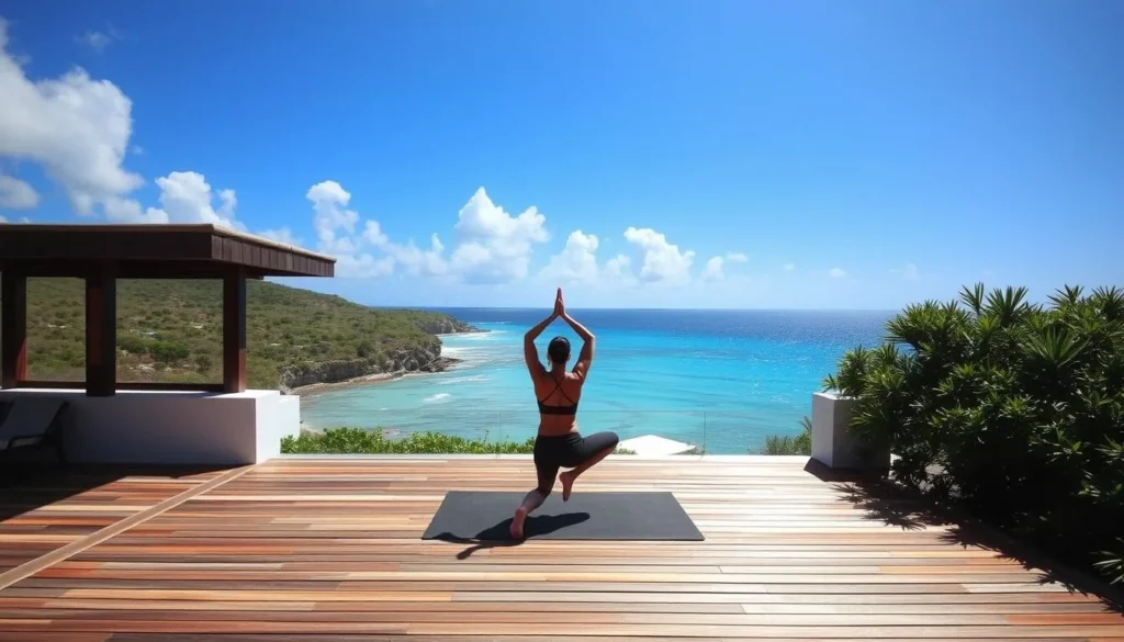 Image of a serene yoga deck overlooking the ocean on Vieques Island