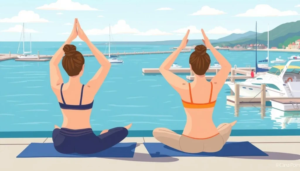 Image of a serene yoga session at Dana Point Harbor with ocean views