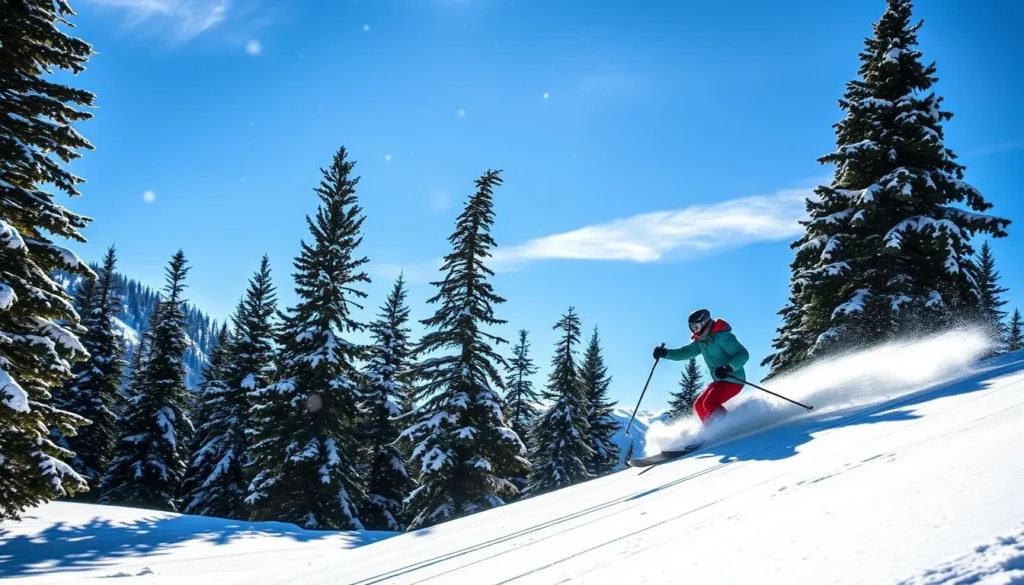 Image of a skier navigating through a snowy mountain trail